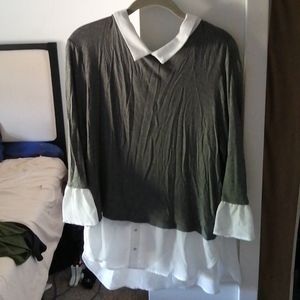 Soft gray long sleeve with collar, cuffs, and bottom flare